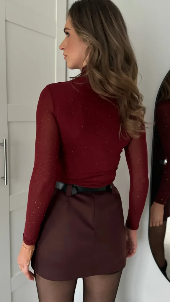 FEELKOO Tops^Adaline Dark Red High Neck Ruched Sequin Detail Top