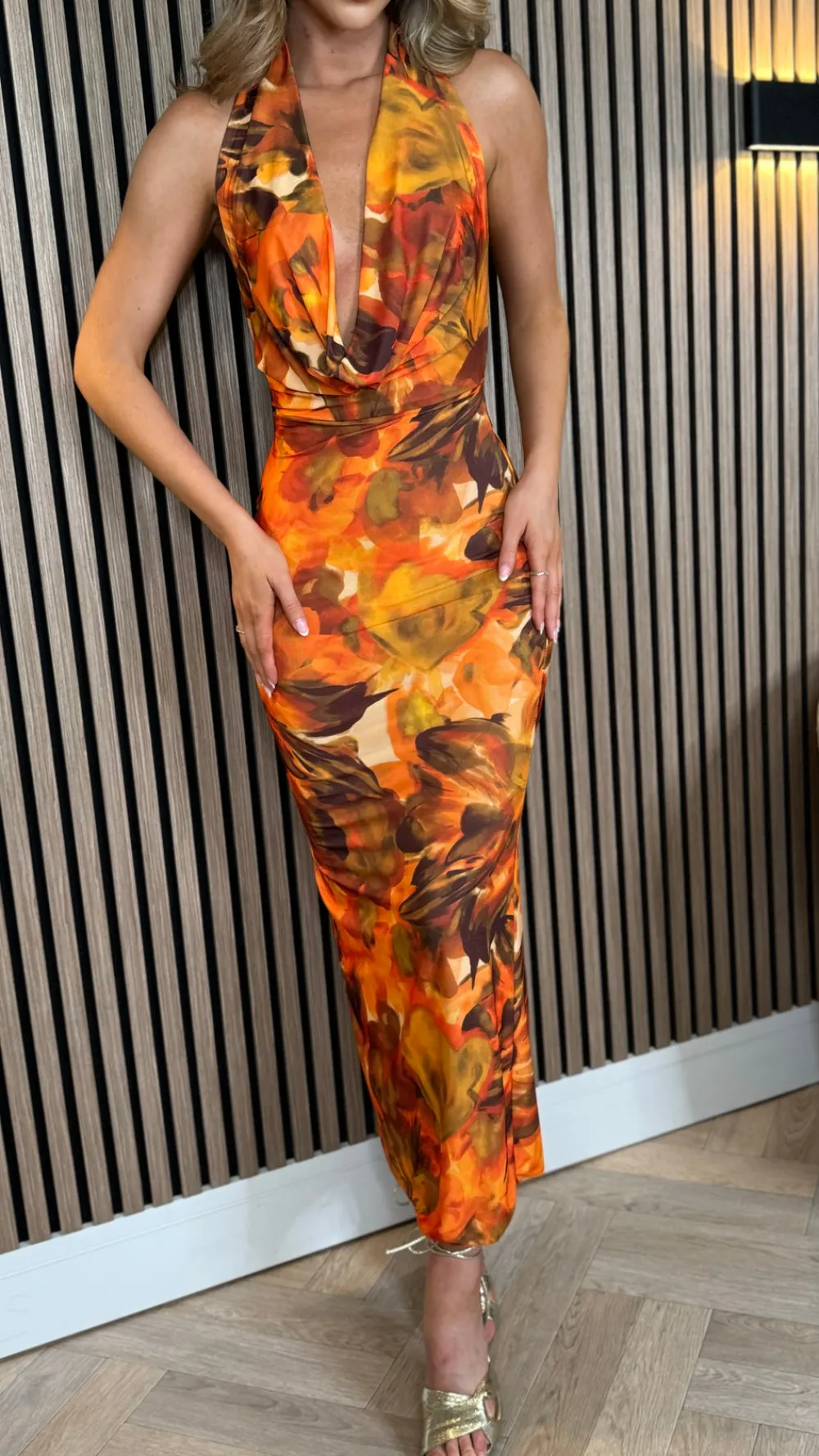 adelade_orange_floral_hal_2.webp COPPEROSE Going Out Dresses | Occasion Dresses^Adelade Orange Floral Halterneck Maxi Dress