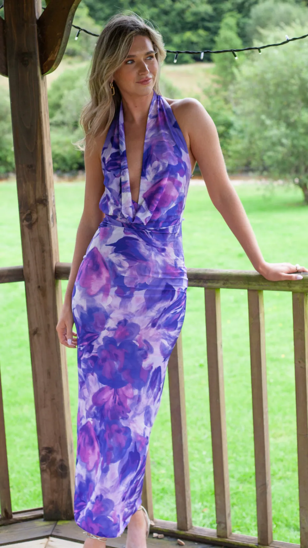 adelade_purple_floral_pri_2.webp COPPEROSE Going Out Dresses | Occasion Dresses^Adelade Purple Floral Print Halterneck Midi Dress