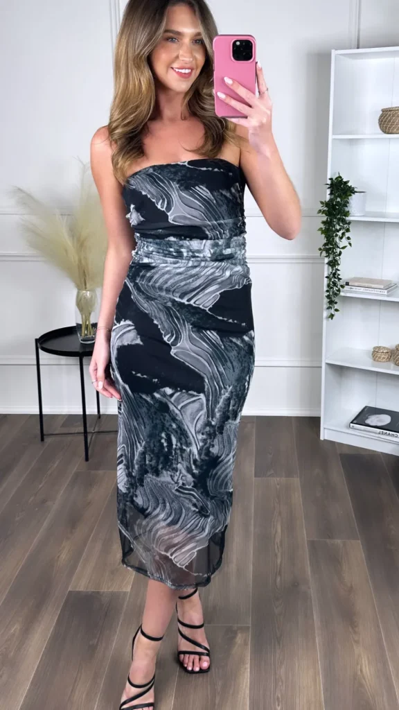 LORIANE Fitted Dresses | Going Out Dresses^Aine Black Printed Strapless Midi Dress