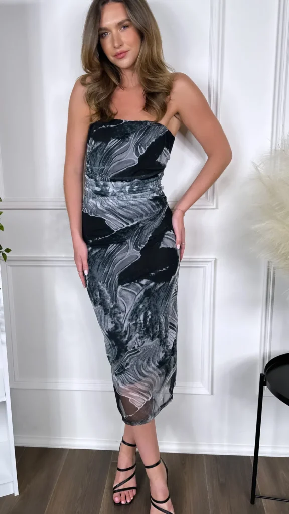 LORIANE Fitted Dresses | Going Out Dresses^Aine Black Printed Strapless Midi Dress
