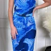 LORIANE Fitted Dresses | Going Out Dresses^Aine Blue Printed Strapless Midi Dress