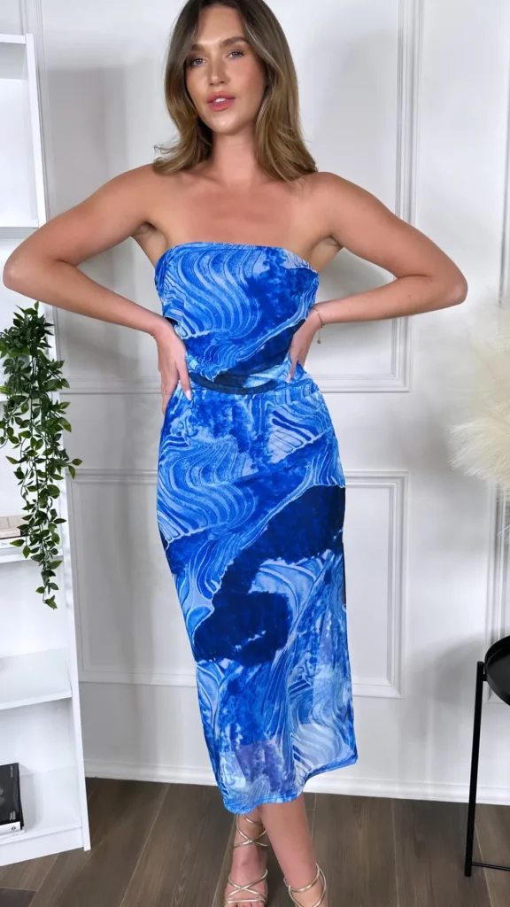 LORIANE Fitted Dresses | Going Out Dresses^Aine Blue Printed Strapless Midi Dress