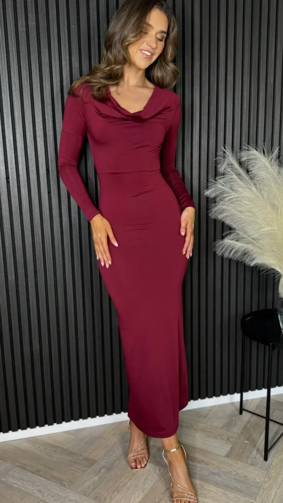 COPPEROSE Going Out Dresses | Occasion Dresses^Alisha Burgundy Cowl Neck Long Sleeve Midi Dress