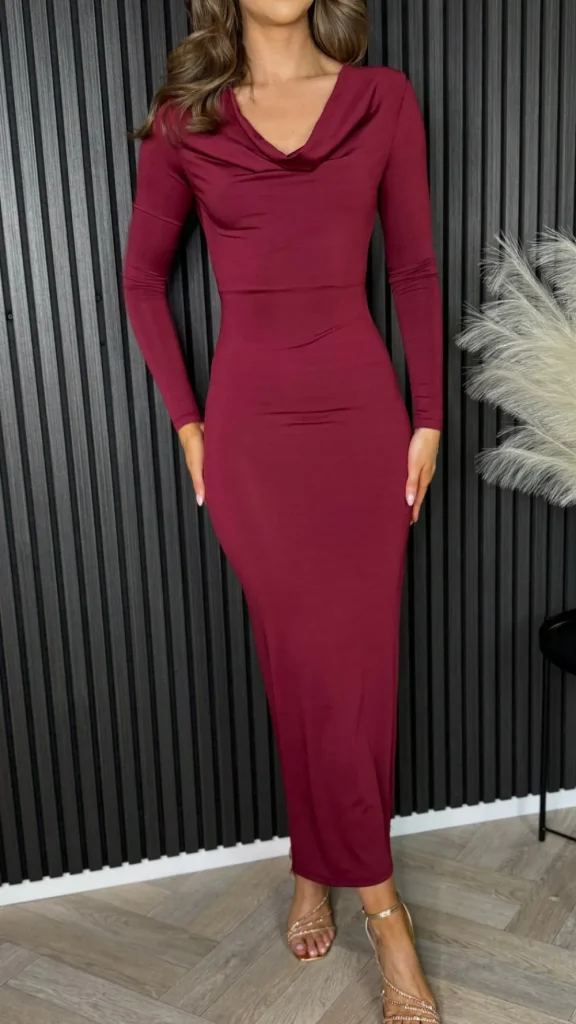 COPPEROSE Going Out Dresses | Occasion Dresses^Alisha Burgundy Cowl Neck Long Sleeve Midi Dress