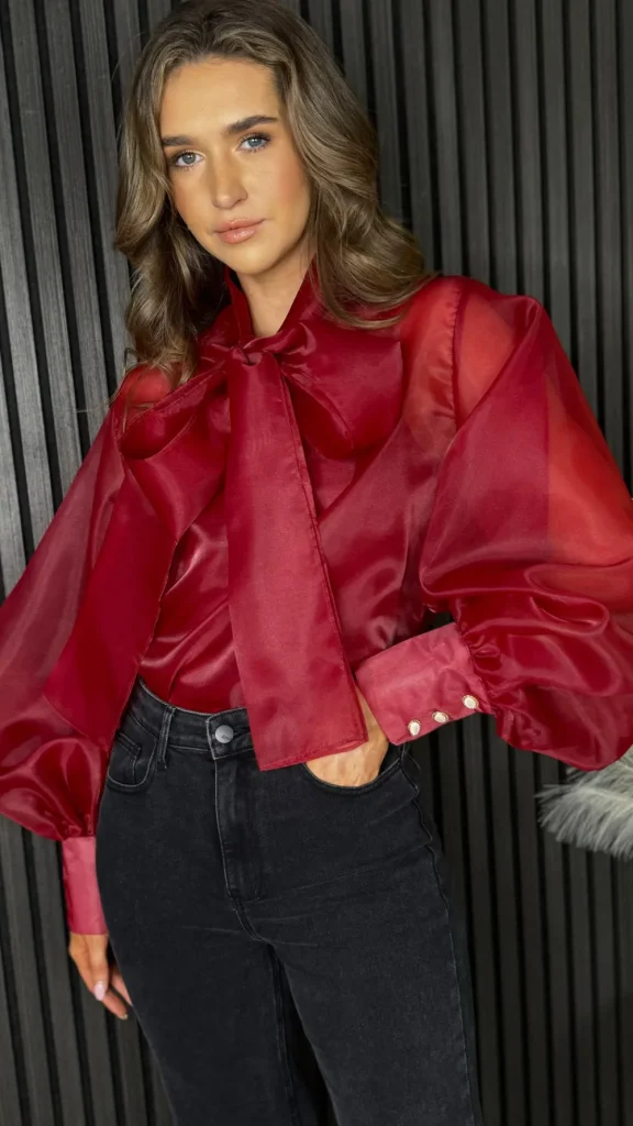 TIMELY Tops^Allie Burgundy Large Bow Detail Top