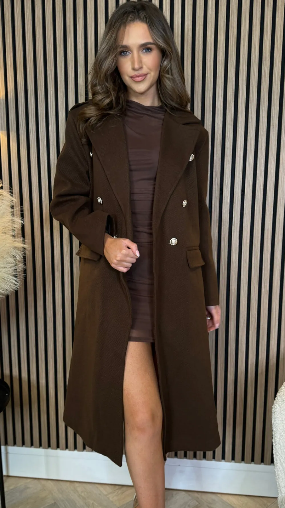 alorie_chocolate_brown_wo_7.webp ESTEE BROWN Coats & Jackets^Alorie Chocolate Brown Wool Finish Midi Length Coat