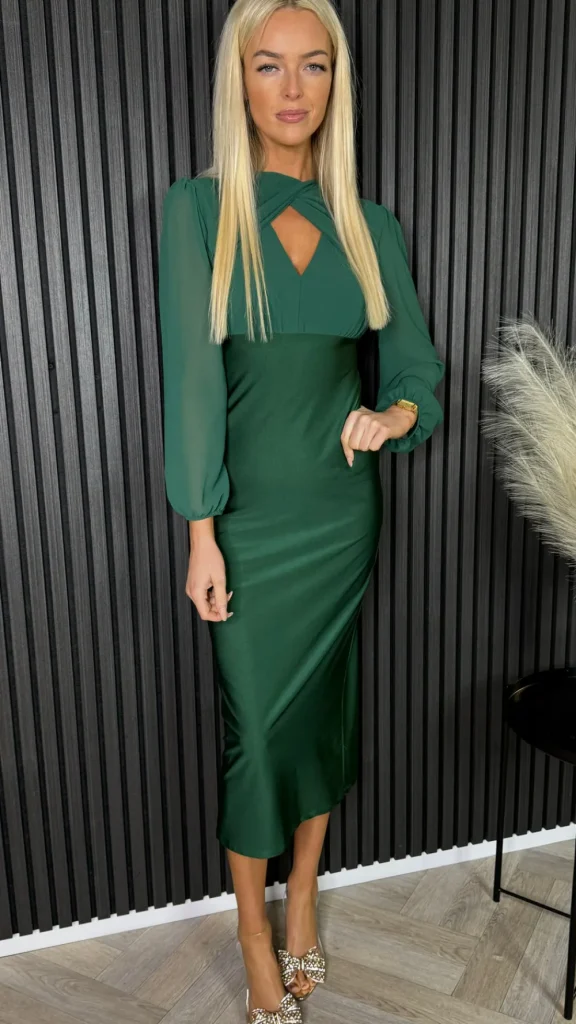 LORIANE Fitted Dresses | Going Out Dresses^Amalina Forest Green Wrap Over Style Top Midi Dress