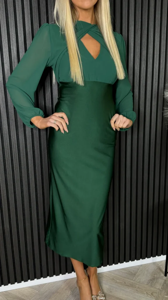 LORIANE Fitted Dresses | Going Out Dresses^Amalina Forest Green Wrap Over Style Top Midi Dress