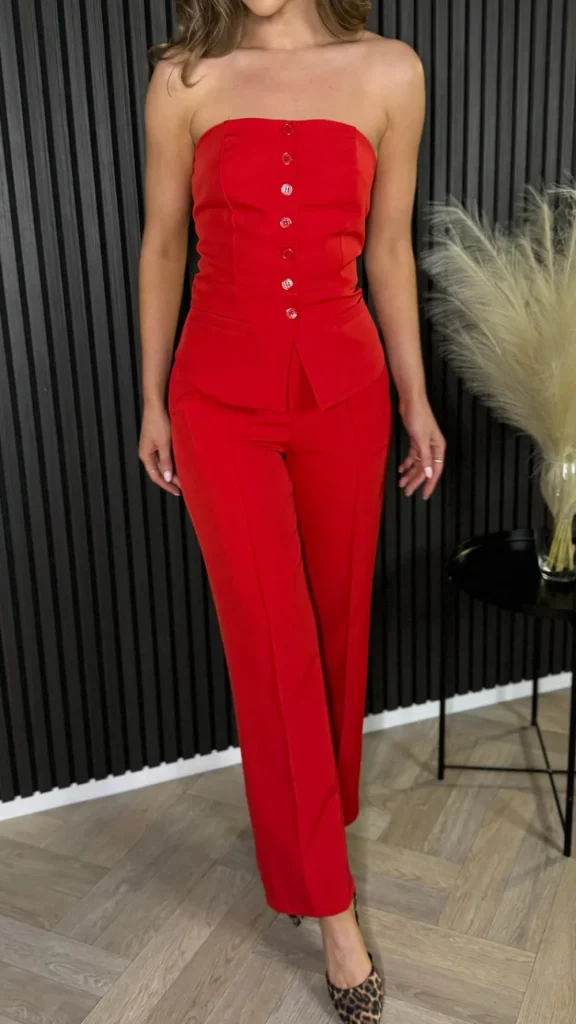 COPPEROSE Co-ords^Amelie Red High Waisted Trousers & Bandeau Waistcoat Co Ord