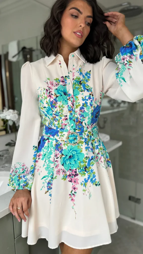 GIRL IN MIND Going Out Dresses | Occasion Dresses^Amira Beige & Green Floral Holland Boarder Print Mini Dress