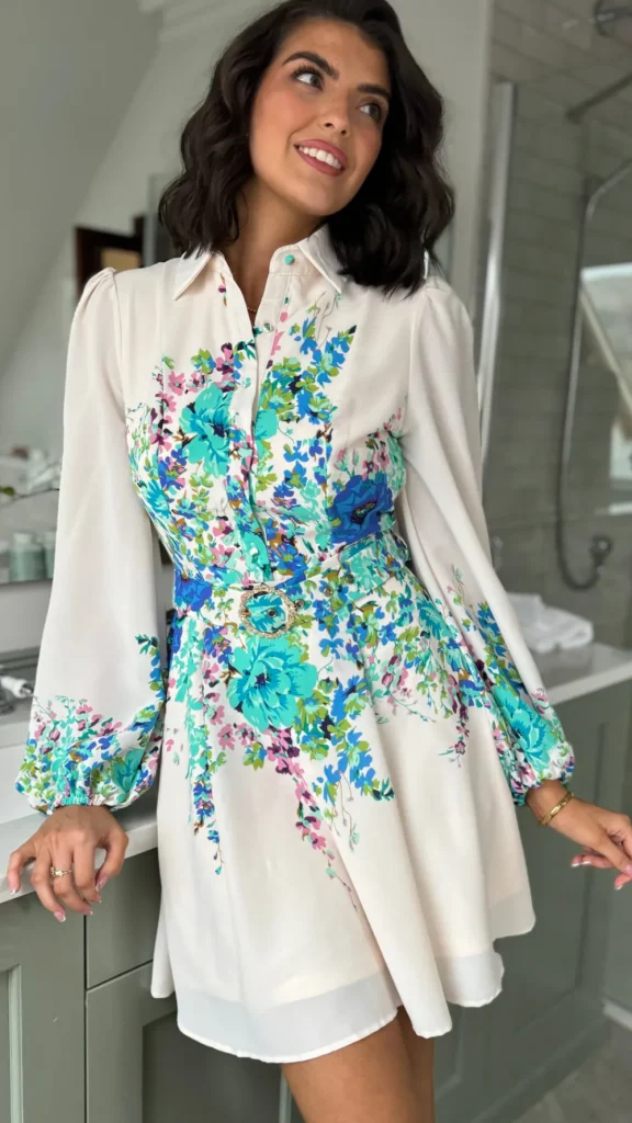 GIRL IN MIND Going Out Dresses | Occasion Dresses^Amira Beige & Green Floral Holland Boarder Print Mini Dress