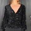 ALLYSON Tops^Andreea Black Sequin V Neck Top