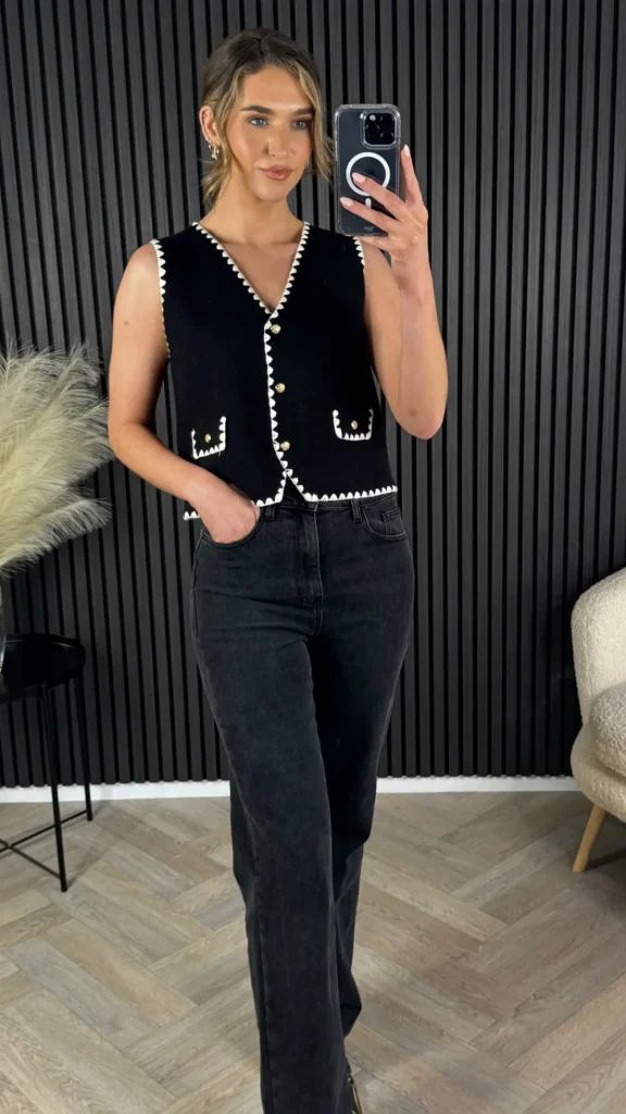LUCCE Tops^Angeline Black & White Trimmed Knit Waistcoat