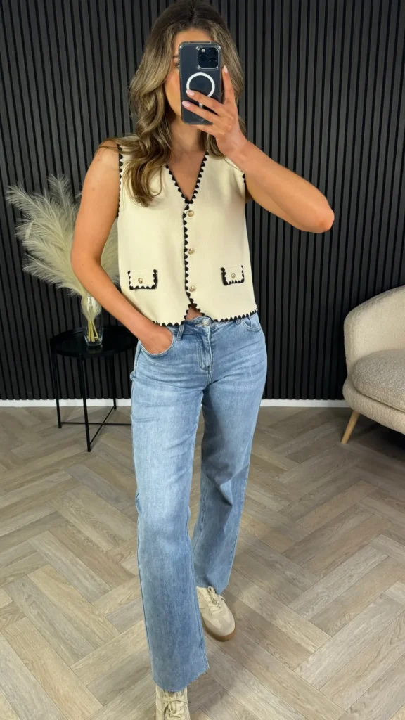 LUCCE Tops^Angeline Cream & Black Trimmed Knit Waistcoat
