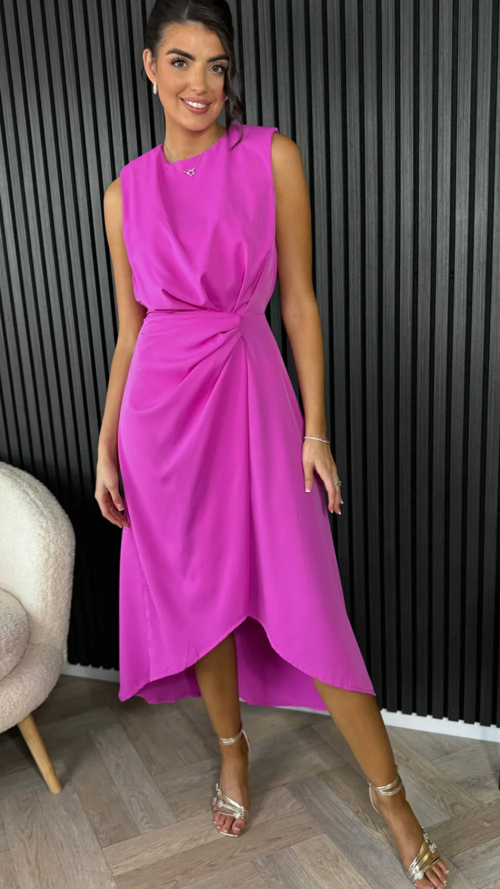 angie_hot_pink_gathered_m_1.webp AX PARIS Going Out Dresses | Occasion Dresses^Angie Hot Pink Gathered Midi Dress