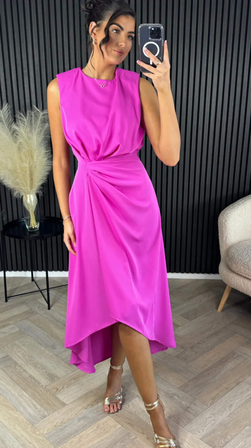 angie_hot_pink_gathered_m_6.webp AX PARIS Going Out Dresses | Occasion Dresses^Angie Hot Pink Gathered Midi Dress