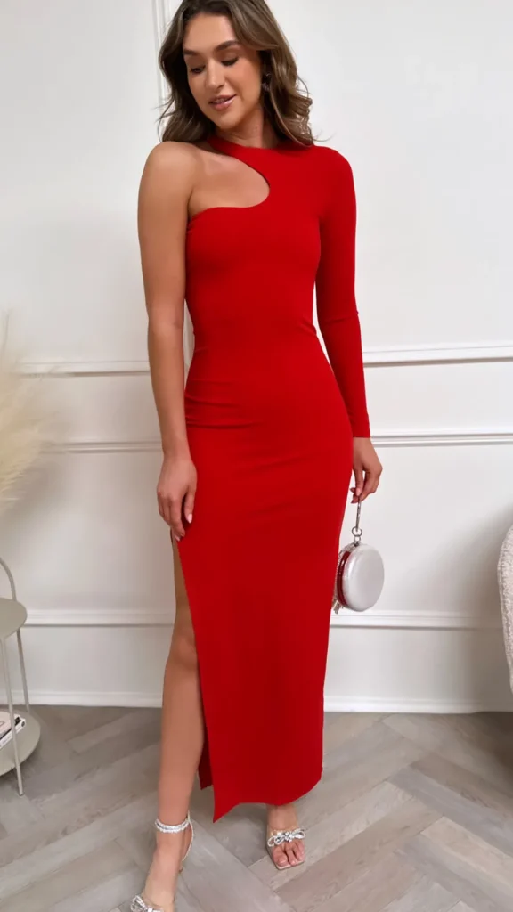 GIRL IN MIND Fitted Dresses | Occasion Dresses^Anisa Red One Sleeve Slit Bodycon Maxi Dress