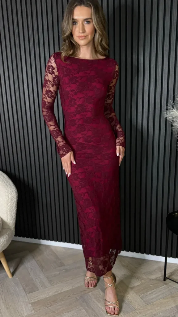 COPPEROSE Going Out Dresses | Occasion Dresses^Annabella Burgundy Floral Lace Detail Backless Midi Dress