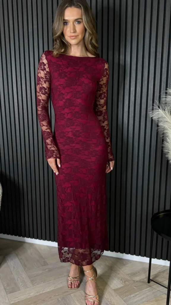 COPPEROSE Going Out Dresses | Occasion Dresses^Annabella Burgundy Floral Lace Detail Backless Midi Dress