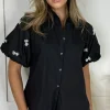 PARIS FASHION SHOPS Tops^Annabelle Black Puff Sleeve Bow Embellished Shirt
