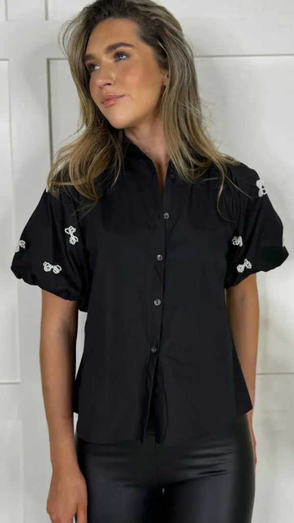 PARIS FASHION SHOPS Tops^Annabelle Black Puff Sleeve Bow Embellished Shirt