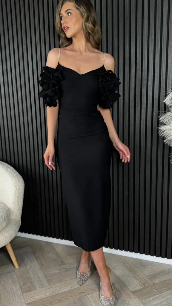 MODADAYS Going Out Dresses | Occasion Dresses^Antonia Black Diamante Strap Ruffle Detail Midi Dress