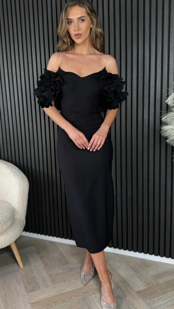 MODADAYS Going Out Dresses | Occasion Dresses^Antonia Black Diamante Strap Ruffle Detail Midi Dress