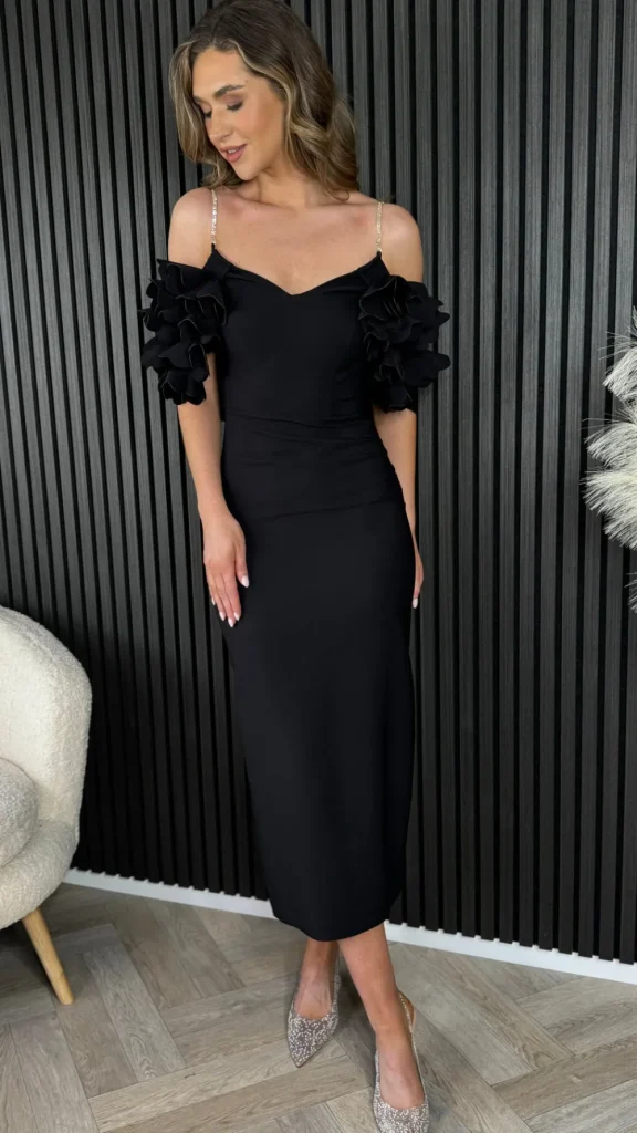 MODADAYS Going Out Dresses | Occasion Dresses^Antonia Black Diamante Strap Ruffle Detail Midi Dress