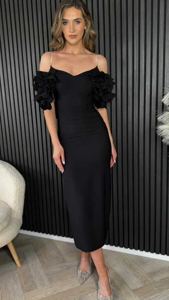 MODADAYS Going Out Dresses | Occasion Dresses^Antonia Black Diamante Strap Ruffle Detail Midi Dress