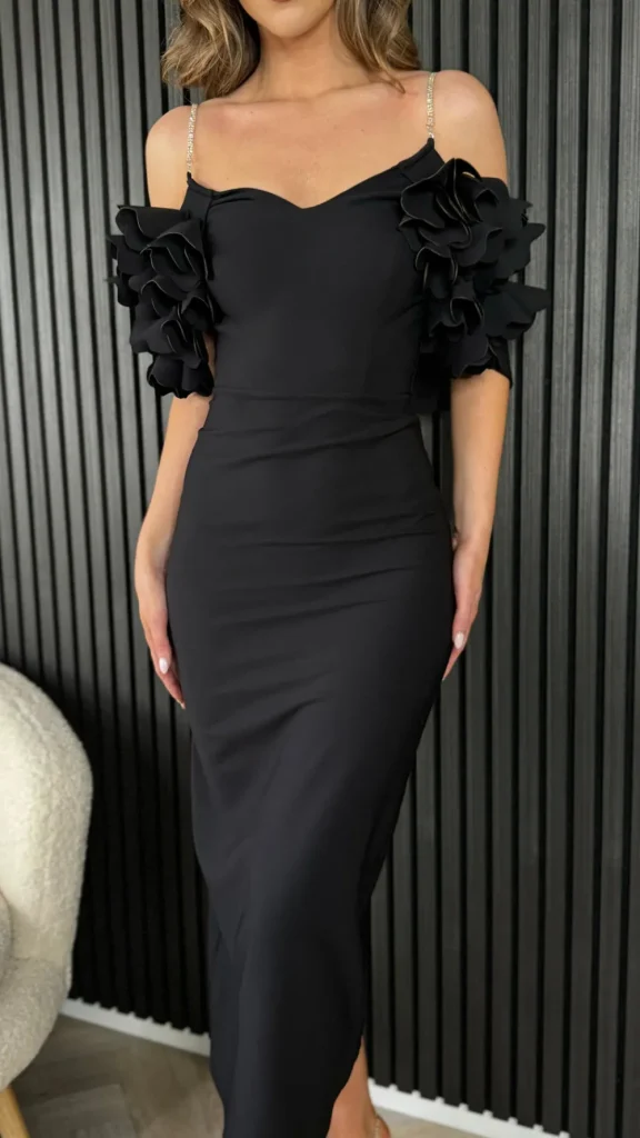 MODADAYS Going Out Dresses | Occasion Dresses^Antonia Black Diamante Strap Ruffle Detail Midi Dress