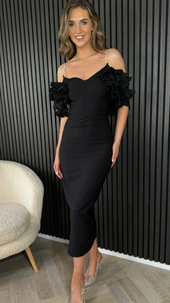 MODADAYS Going Out Dresses | Occasion Dresses^Antonia Black Diamante Strap Ruffle Detail Midi Dress
