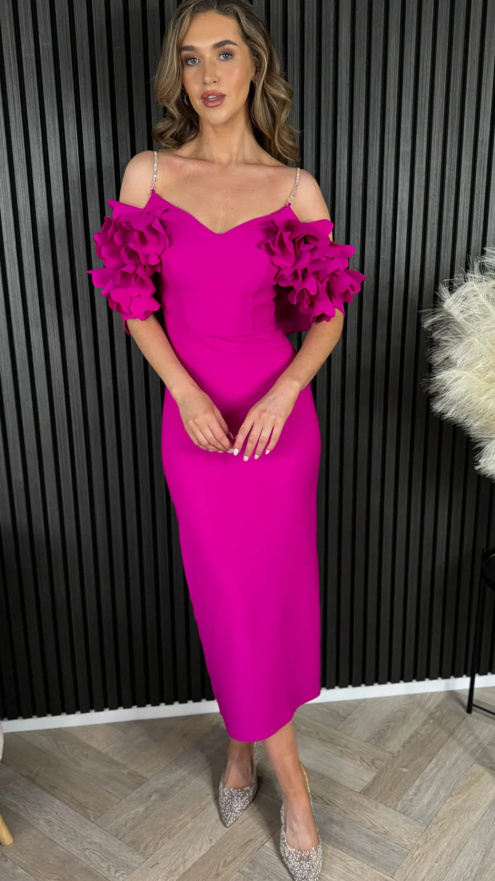 antonia_cerise_pink_diama_0.webp MODADAYS Going Out Dresses | Occasion Dresses^Antonia Cerise Pink Diamante Strap Ruffle Detail Midi Dress