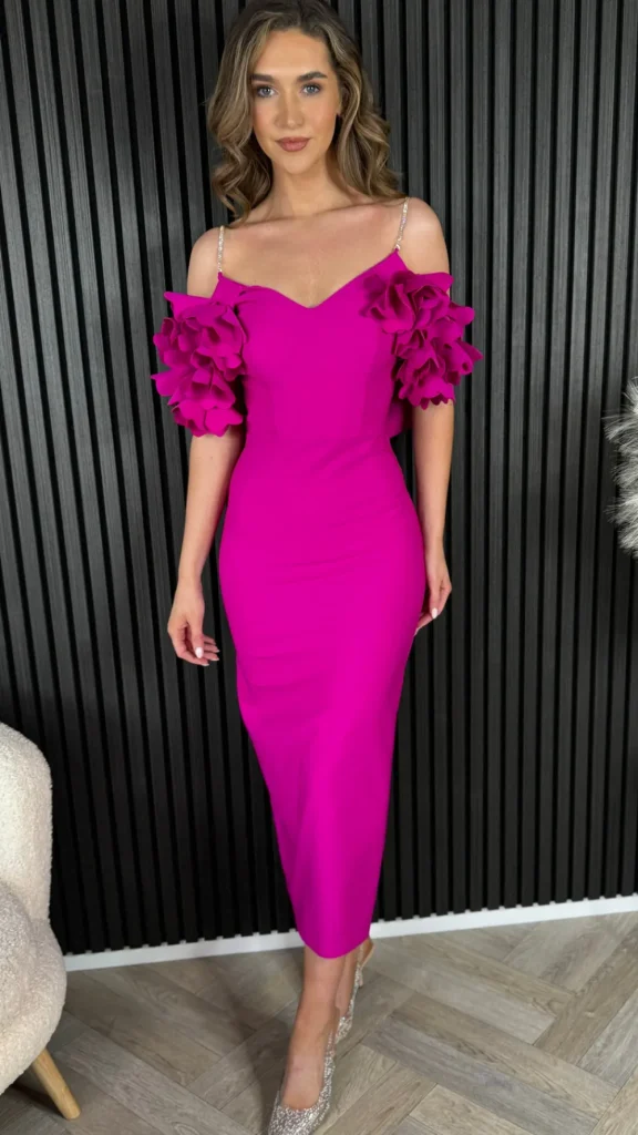 MODADAYS Going Out Dresses | Occasion Dresses^Antonia Cerise Pink Diamante Strap Ruffle Detail Midi Dress