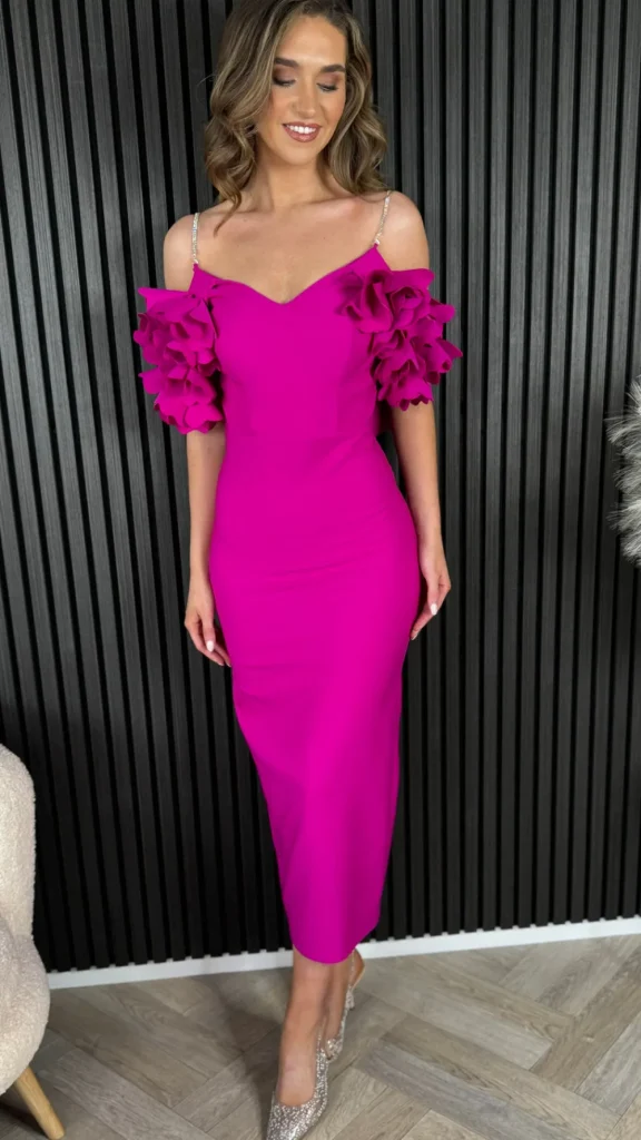 MODADAYS Going Out Dresses | Occasion Dresses^Antonia Cerise Pink Diamante Strap Ruffle Detail Midi Dress