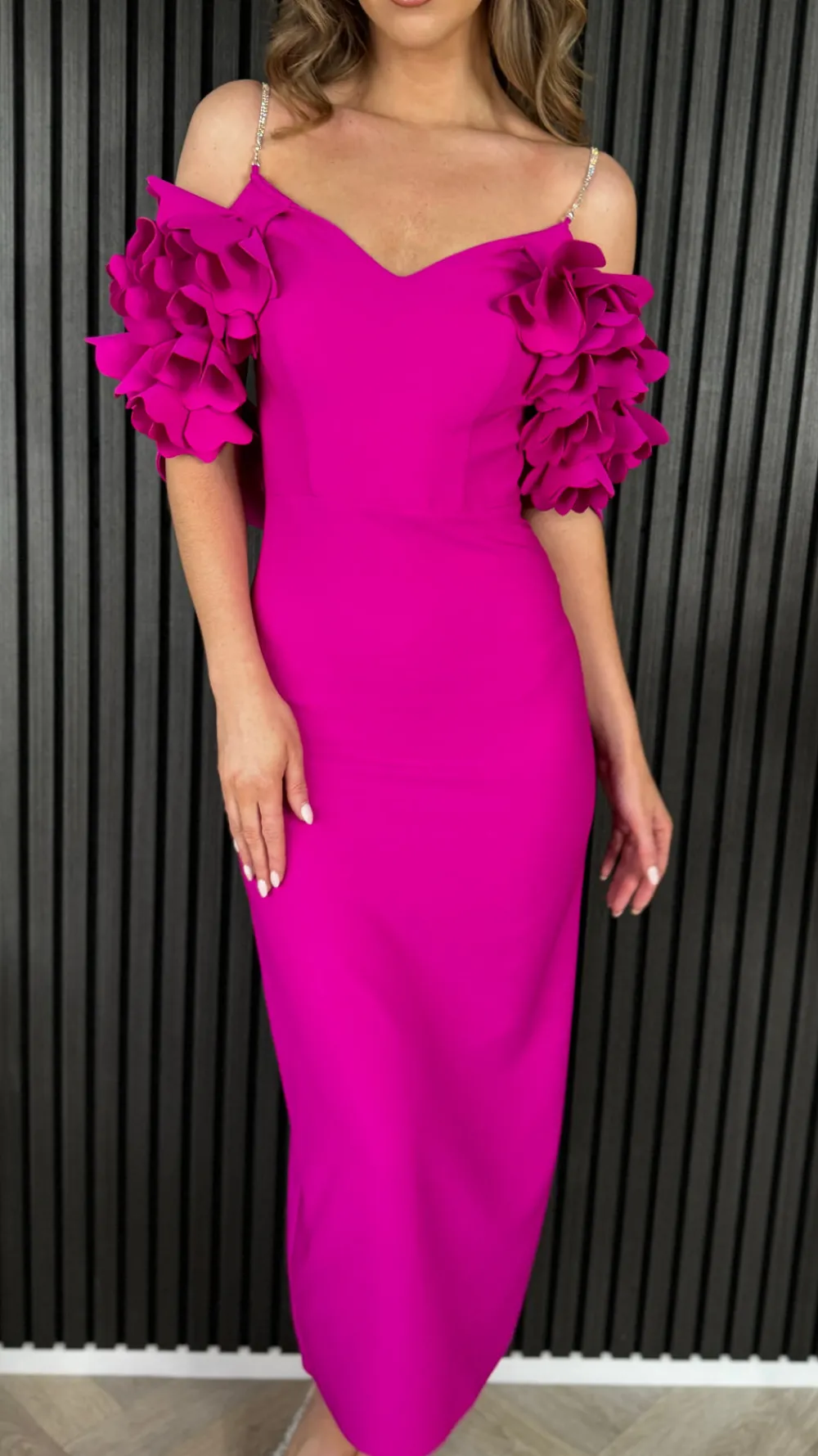 antonia_cerise_pink_diama_4.webp MODADAYS Going Out Dresses | Occasion Dresses^Antonia Cerise Pink Diamante Strap Ruffle Detail Midi Dress