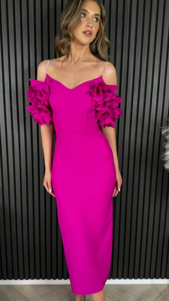MODADAYS Going Out Dresses | Occasion Dresses^Antonia Cerise Pink Diamante Strap Ruffle Detail Midi Dress