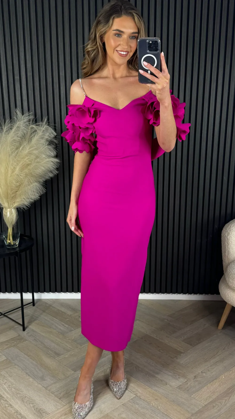 antonia_cerise_pink_diama_7.webp MODADAYS Going Out Dresses | Occasion Dresses^Antonia Cerise Pink Diamante Strap Ruffle Detail Midi Dress