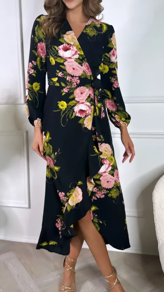 GIRL IN MIND Going Out Dresses | Occasion Dresses^Antonio Black Floral Long Sleeve Wrap Midi Dress