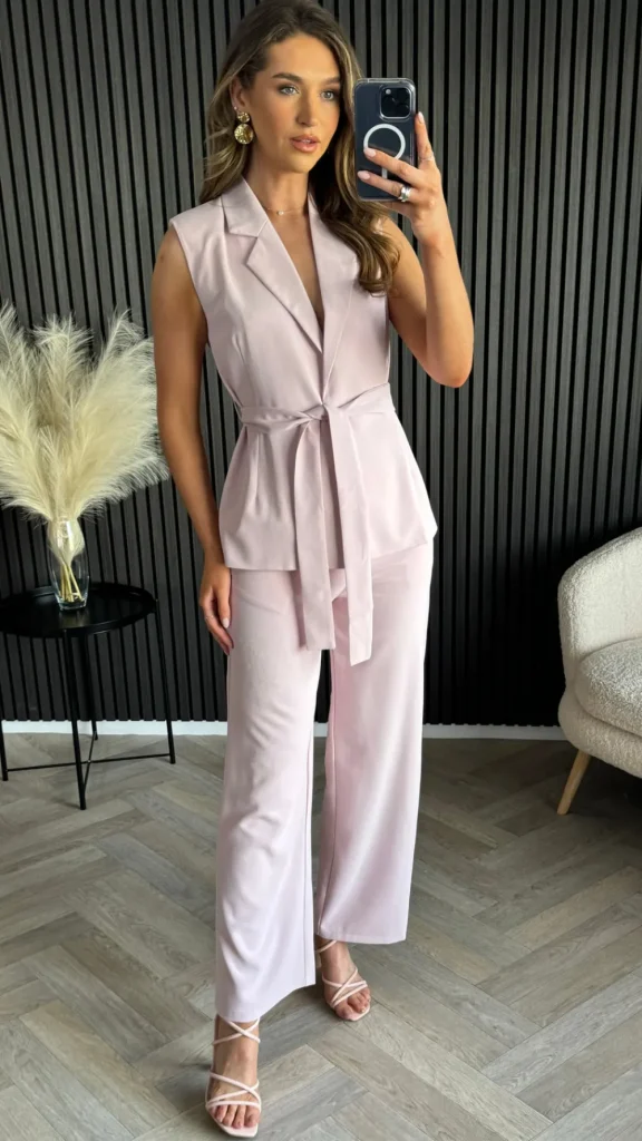 GIRL IN MIND Co-ords^Aoife Light Pink Wide Leg Trousers & Belted Waistcoat Co Ord