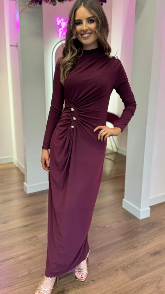 ALLYSON Going Out Dresses | Occasion Dresses^Ariana Burgundy Button Detail Ruched High Neck Midi Dress