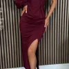 SARL KAIA Fitted Dresses | Going Out Dresses^Arianna Burgundy One Sleeve Ruched Detail Midi Dress
