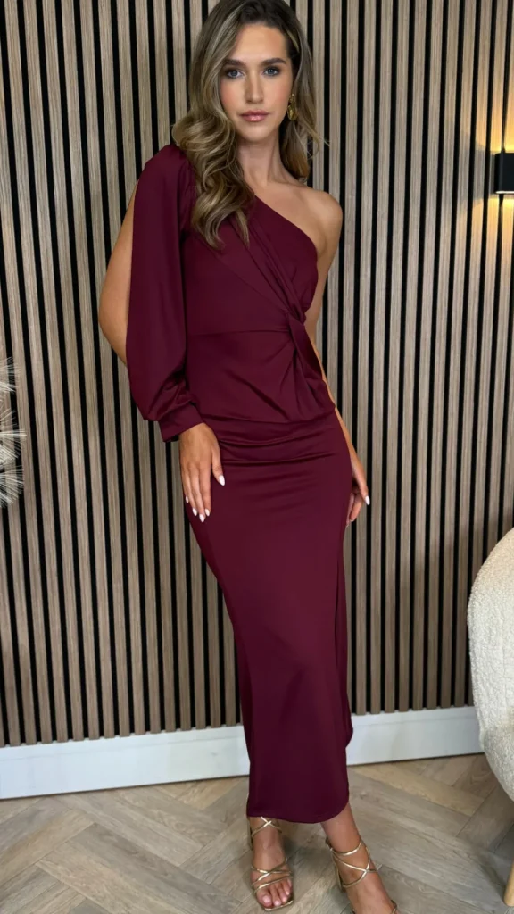 SARL KAIA Fitted Dresses | Going Out Dresses^Arianna Burgundy One Sleeve Ruched Detail Midi Dress