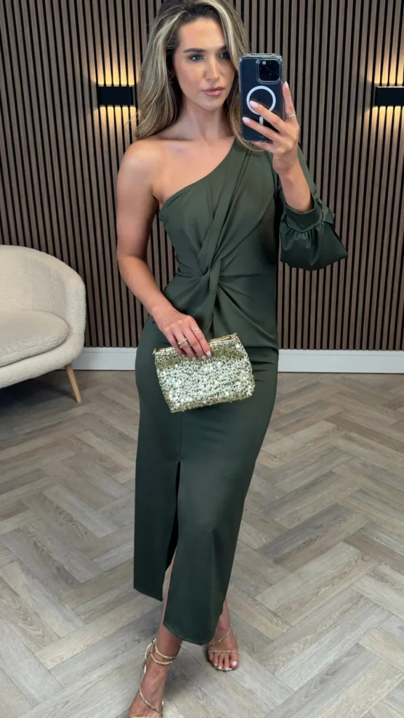 SARL KAIA Going Out Dresses | Occasion Dresses^Arianna Khaki One Sleeve Ruched Detail Midi Dress