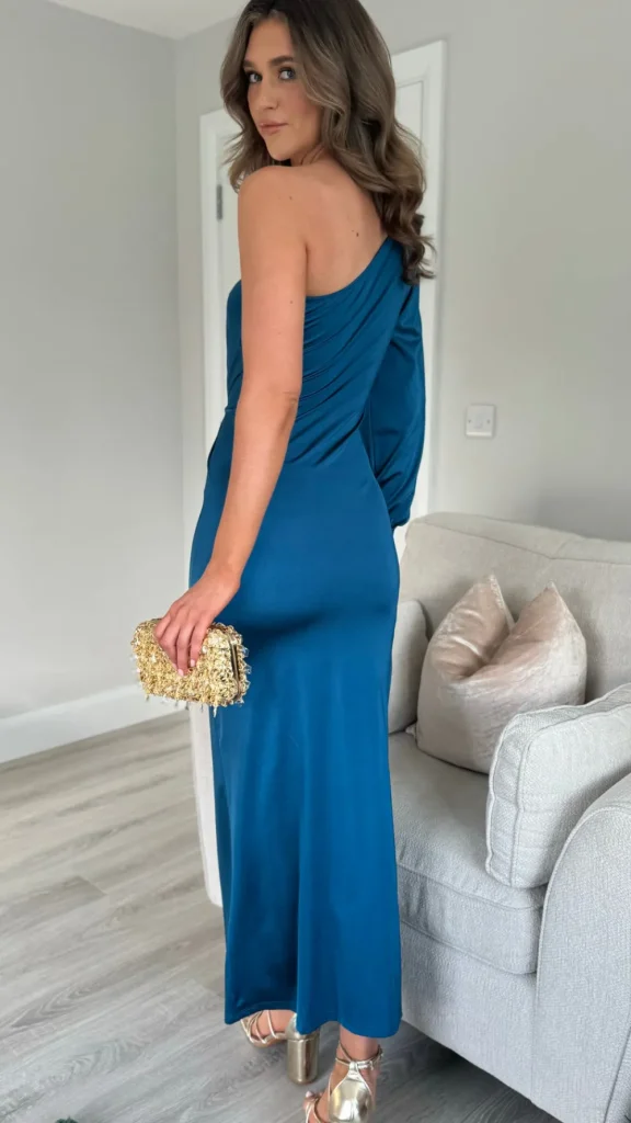 SARL KAIA Fitted Dresses | Going Out Dresses^Arianna Petrol Blue One Sleeve Ruched Detail Midi Dress