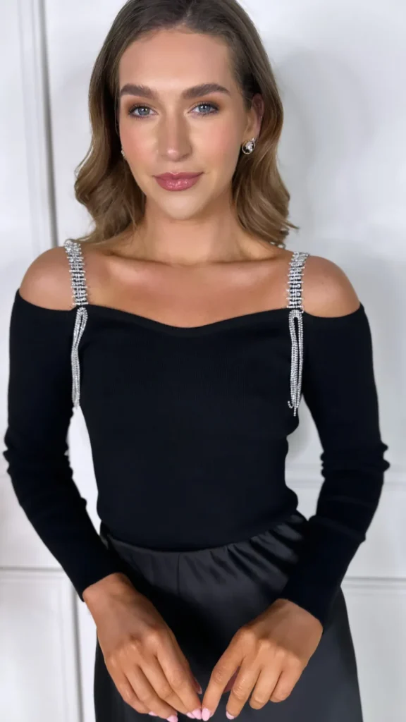 J&H FASHION Tops^Audrey Black Diamante Cami Strap Top