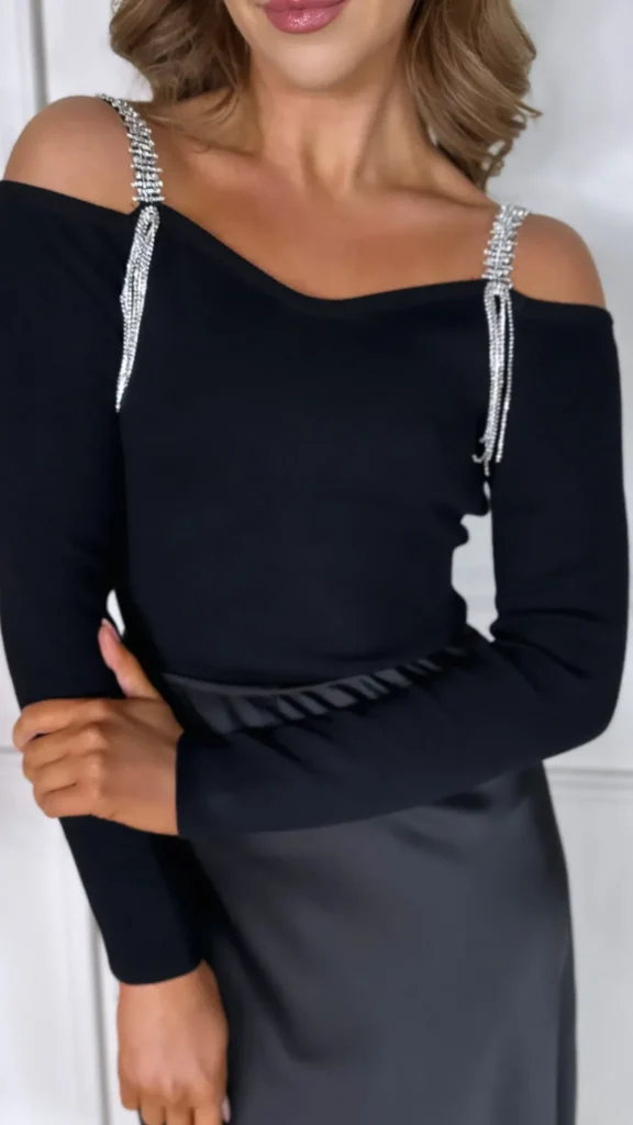 J&H FASHION Tops^Audrey Black Diamante Cami Strap Top