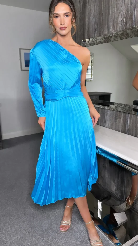 LILY ROSE BY FJ Occasion Dresses | Midi Dresses^Audrina Blue One Shoulder Long Sleeve Pleated Asymmetric Hem Midi Dress