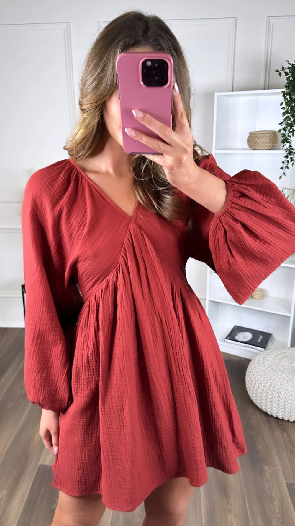 aurora_rust_v_neckline_wi_0.webp ELENZA Day Dresses | Going Out Dresses^Aurora Rust V Neckline Wide Sleeve Mini Dress