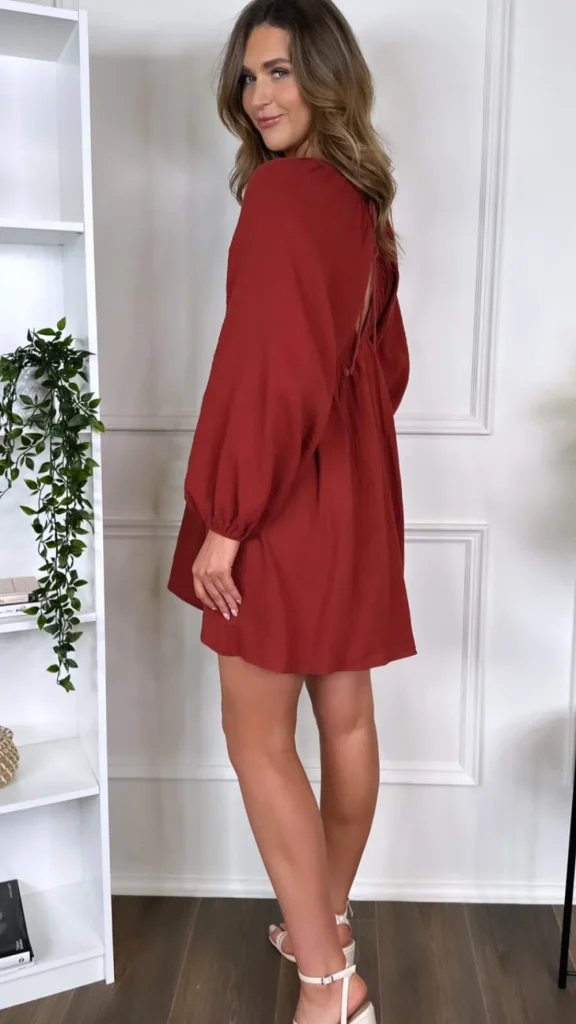 ELENZA Day Dresses | Going Out Dresses^Aurora Rust V Neckline Wide Sleeve Mini Dress